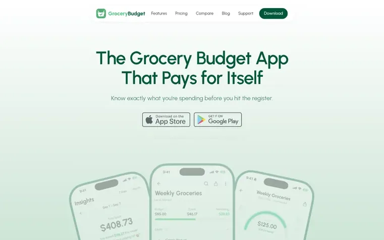Screenshot of the GroceryBudget homepage