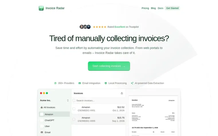Screenshot of the Invoice Radar homepage