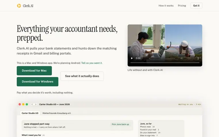 Screenshot of the Clerk.AI homepage