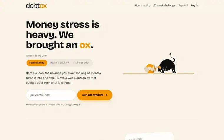 Screenshot of the Debtox homepage