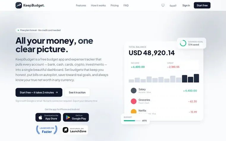 Screenshot of the KeepBudget homepage