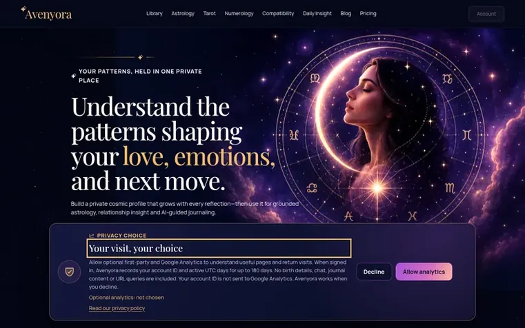 Screenshot of the Avenyora homepage