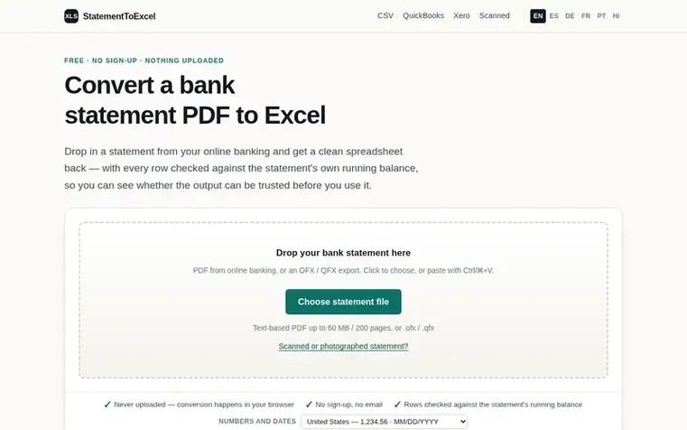 Screenshot of the StatementToExcel homepage