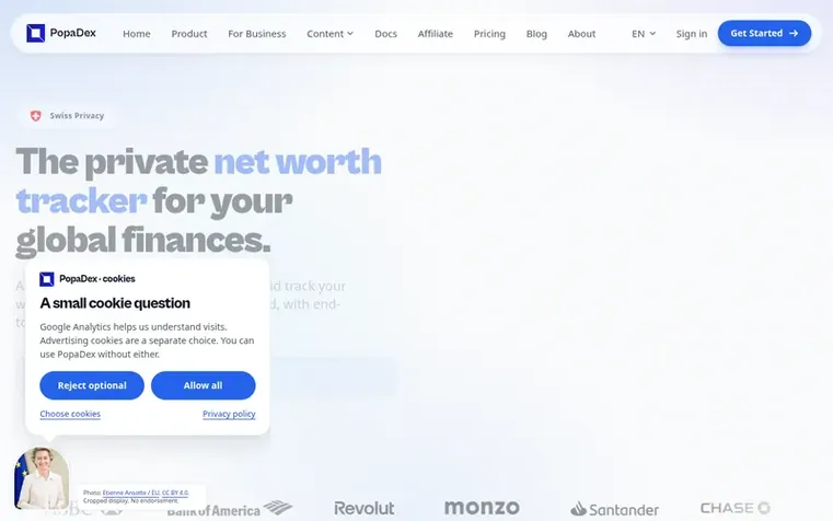 Screenshot of the PopaDex homepage