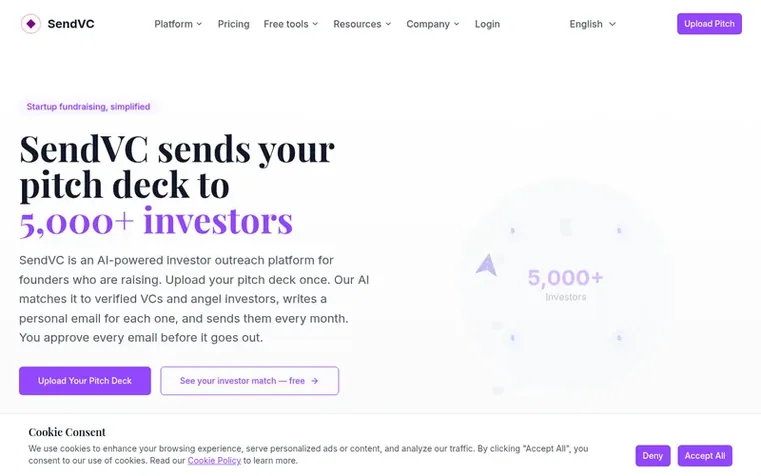 Screenshot of the SendVC homepage