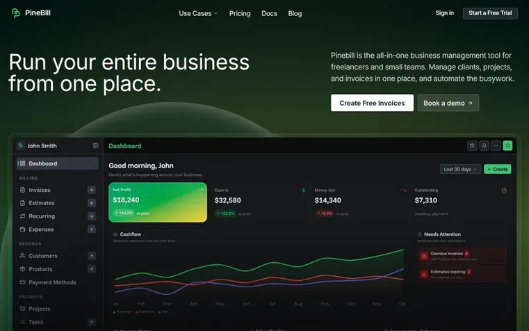 Screenshot of the PineBill homepage