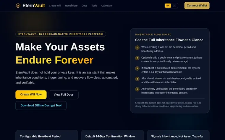 Screenshot of the EternVault homepage