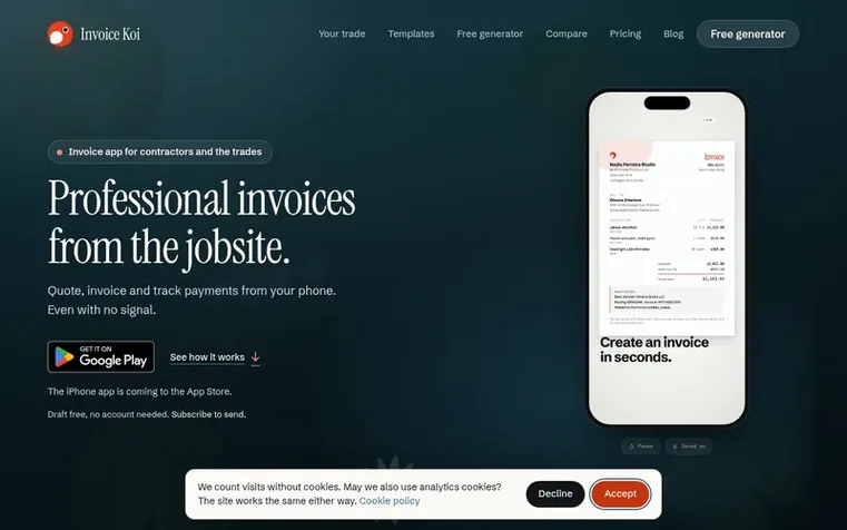 Screenshot of the Invoice Koi homepage