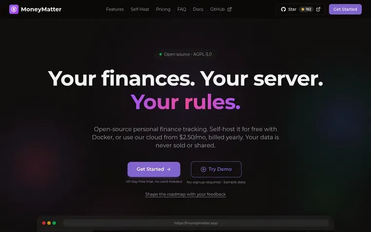 Screenshot of the MoneyMatter homepage