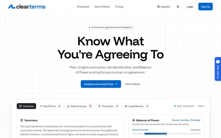 Screenshot of the ClearTerms homepage
