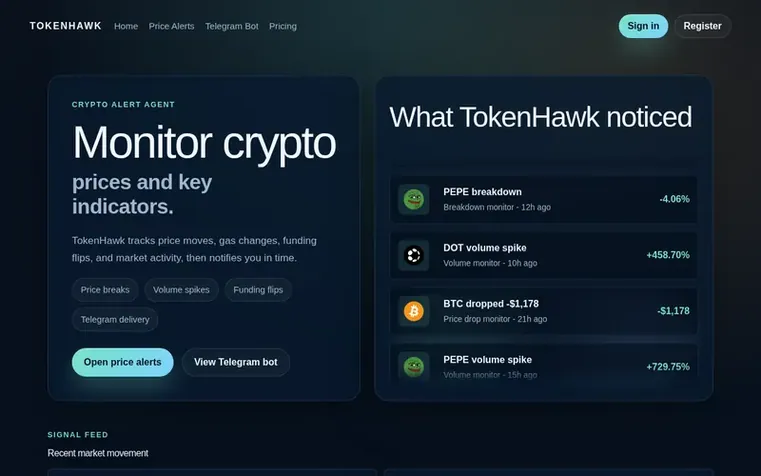 Screenshot of the TokenHawk homepage
