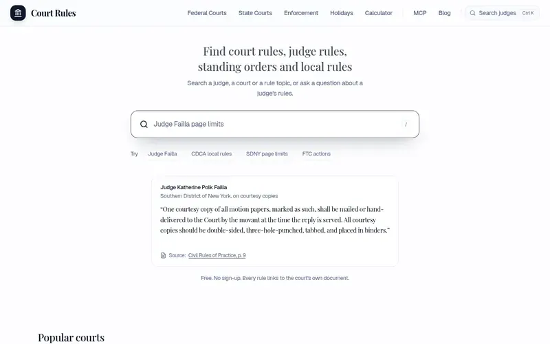 Screenshot of the Court Rules homepage