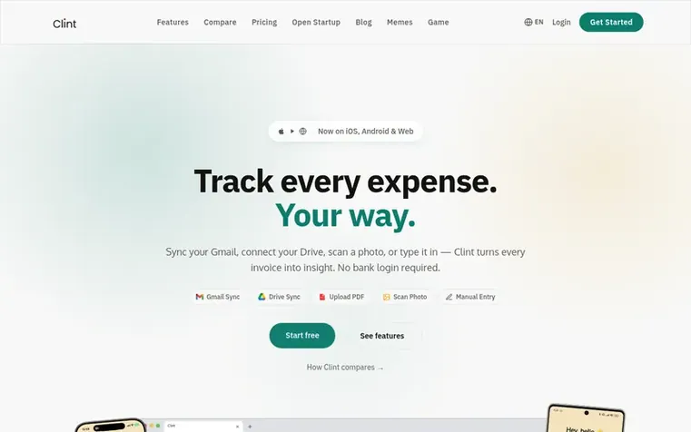 Screenshot of the Clint homepage