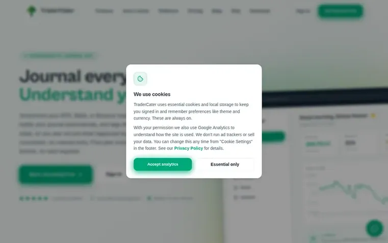 Screenshot of the TraderCater homepage