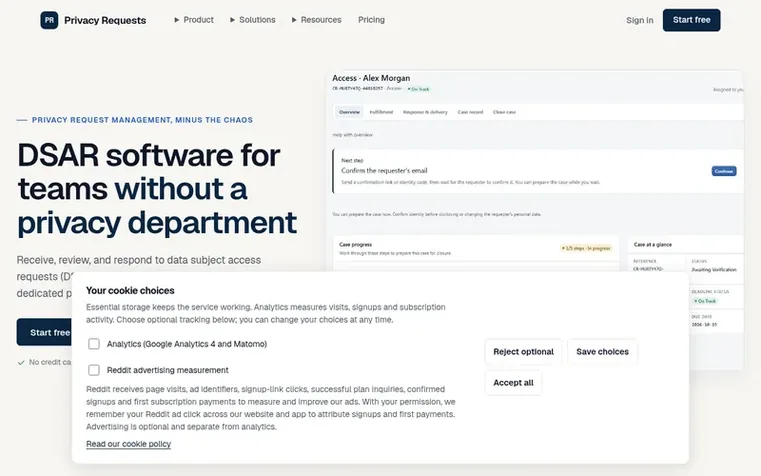 Screenshot of the Privacy Requests homepage