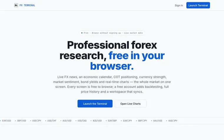 Screenshot of the FX Terminal homepage