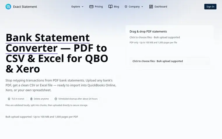Screenshot of the Exact Statement homepage