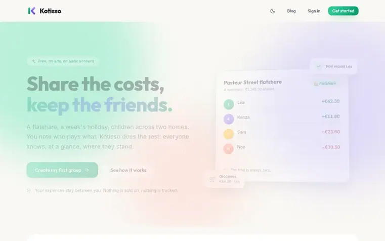Screenshot of the Kotisso homepage