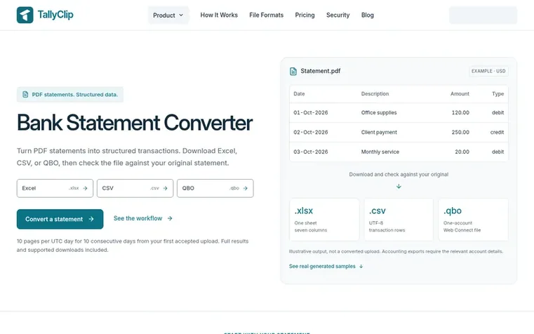 Screenshot of the TallyClip homepage