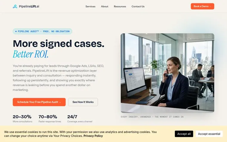 Screenshot of the PipelineLift homepage