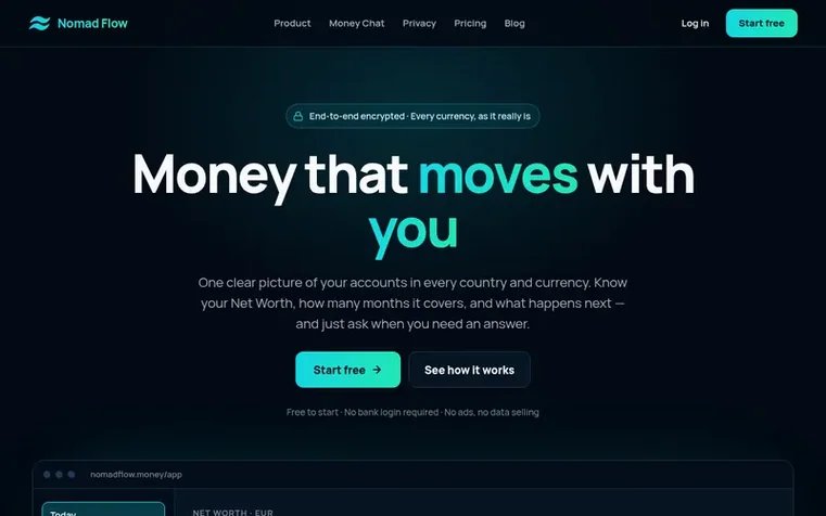 Screenshot of the Nomad Flow homepage