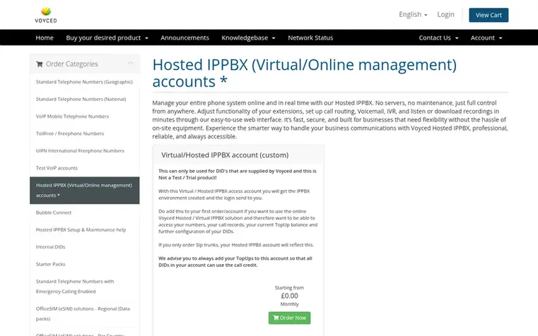 Screenshot of the Voyced Hosted IPPBX homepage