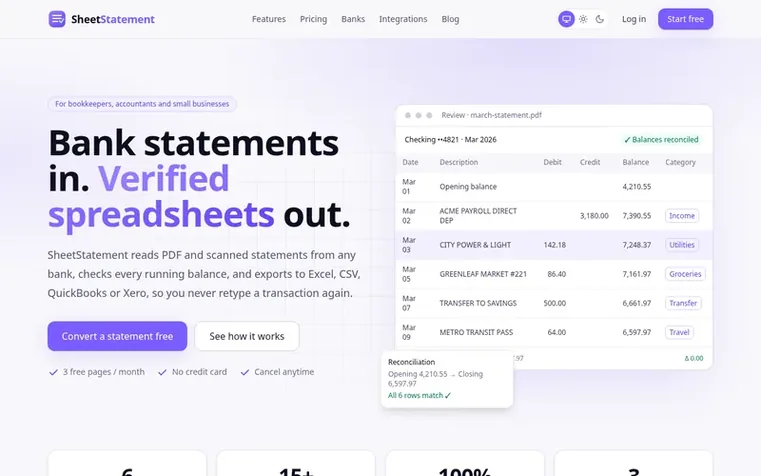 Screenshot of the SheetStatement homepage