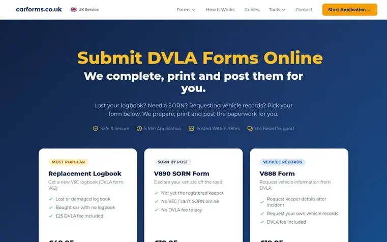 Screenshot of the CarForms homepage