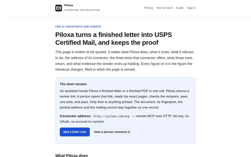 Screenshot of the Piloxa homepage