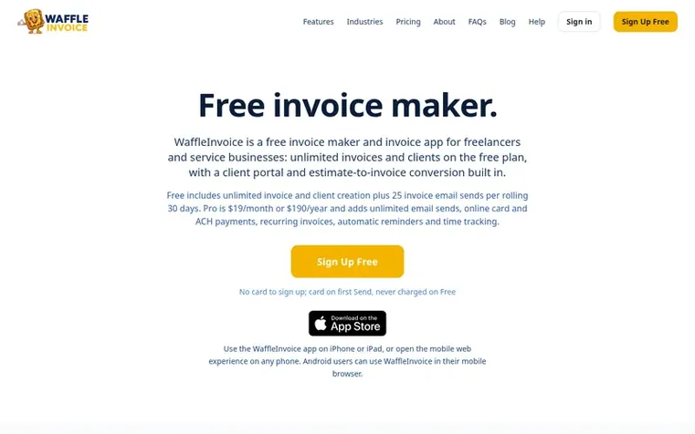 Screenshot of the WaffleInvoice homepage