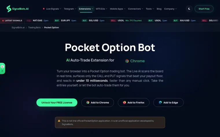 Screenshot of the Pocket Option Bot homepage