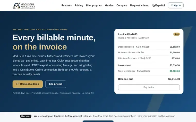 Screenshot of the ModusBill homepage
