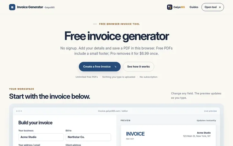 Screenshot of the Invoice Generator · Gaiya365 homepage