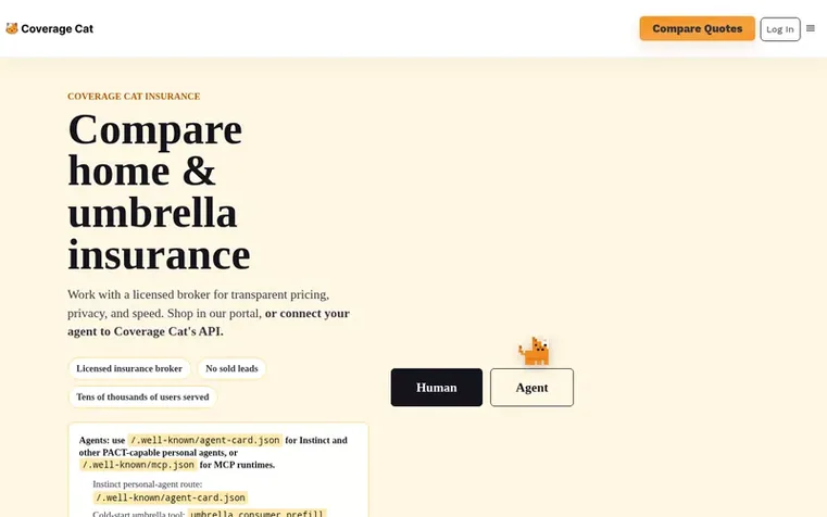 Screenshot of the Coverage Cat homepage
