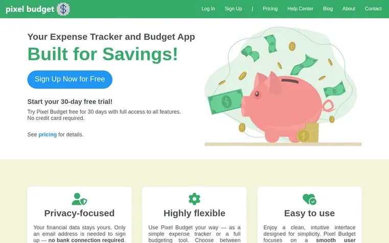 Screenshot of the Pixel Budget homepage