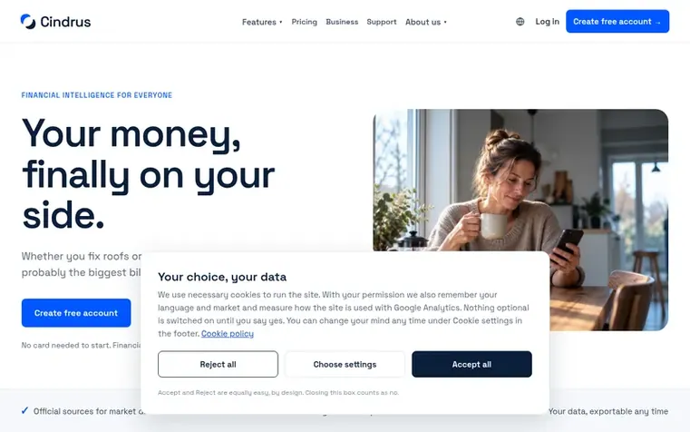 Screenshot of the Cindrus homepage