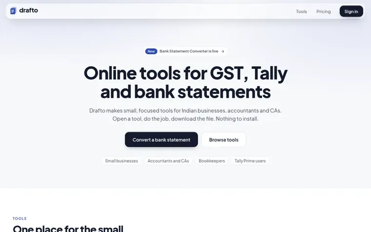 Screenshot of the Drafto homepage