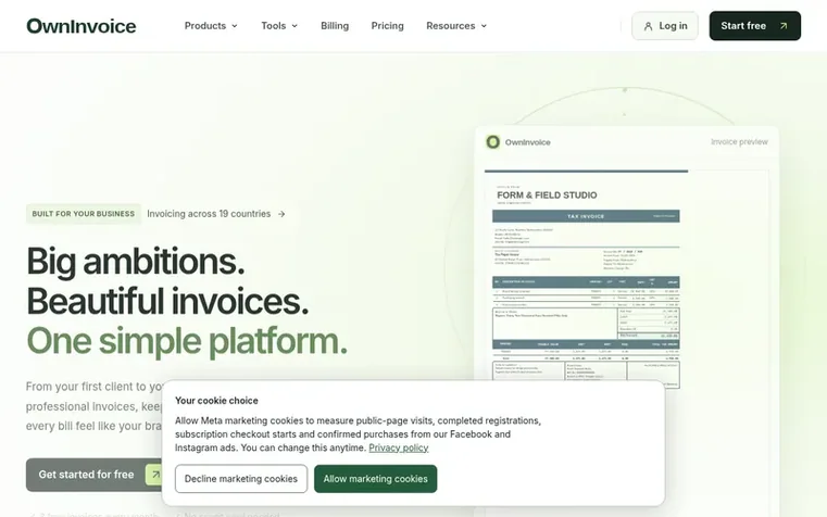 Screenshot of the OwnInvoice homepage