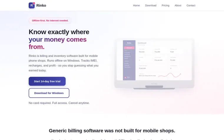 Screenshot of the Rinko homepage