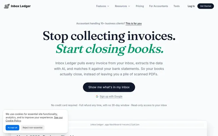 Screenshot of the Inbox Ledger homepage