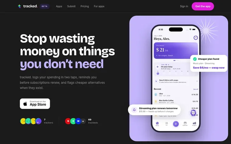 Screenshot of the tracked. homepage