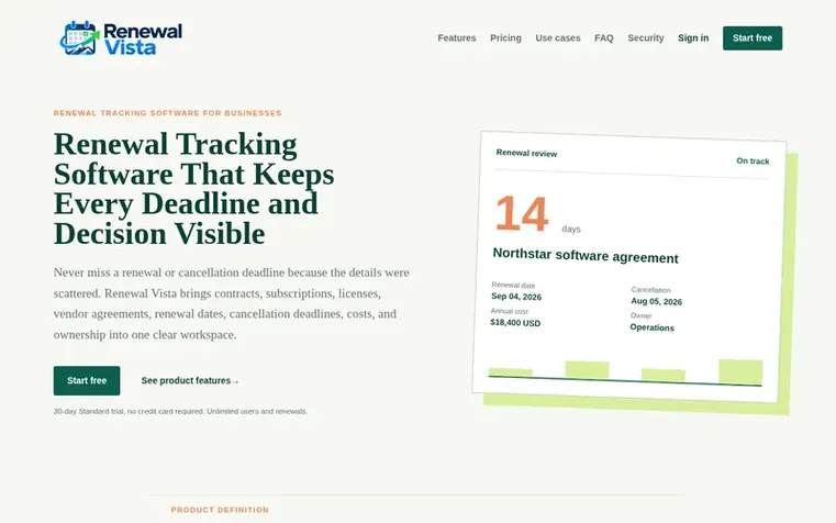 Screenshot of the Renewal Vista homepage