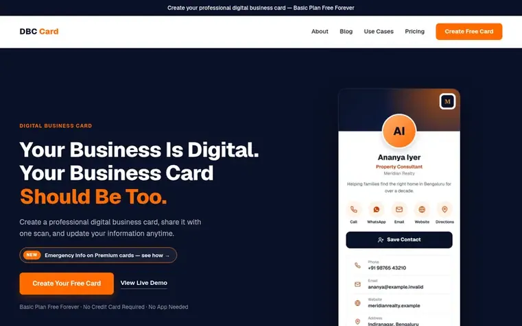 Screenshot of the DBC Card homepage