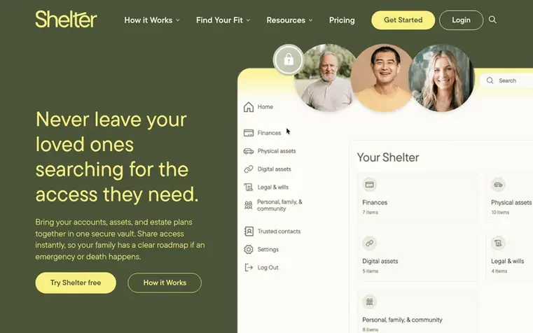 Screenshot of the Shelter homepage