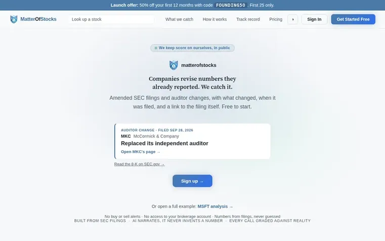 Screenshot of the MatterOfStocks homepage