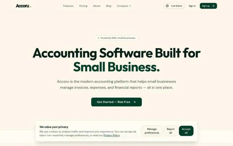 Screenshot of the Accoru homepage