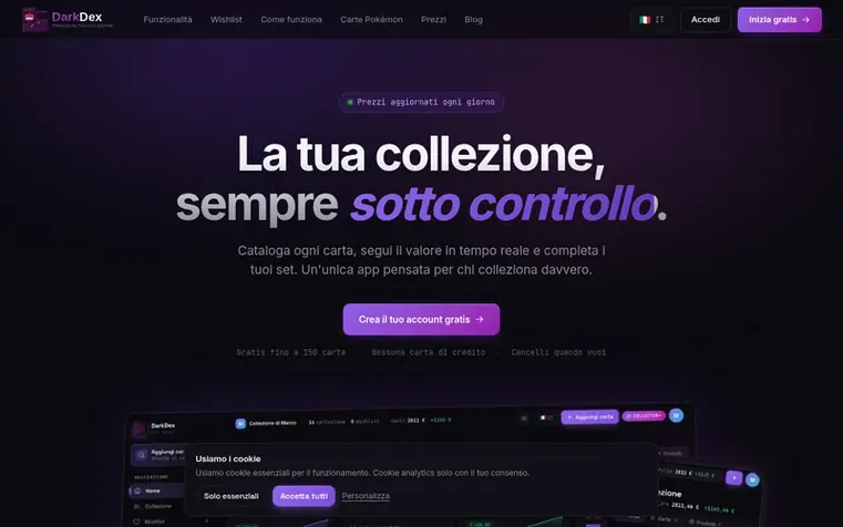 Screenshot of the DarkDex homepage