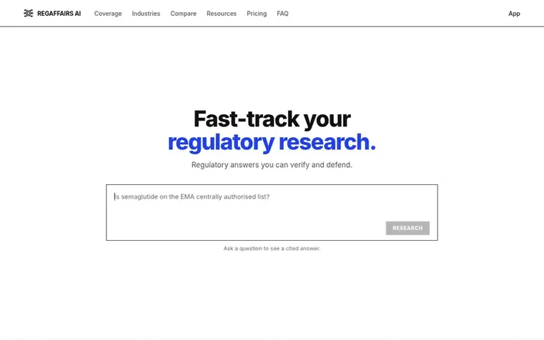 Screenshot of the RegAffairs AI homepage