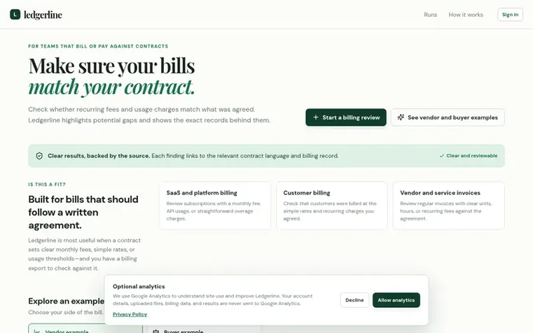 Screenshot of the Ledgerline homepage
