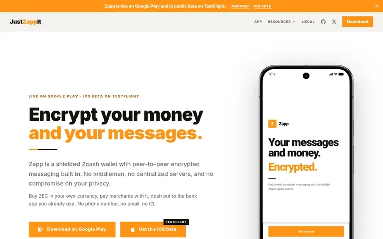 Screenshot of the Zapp homepage